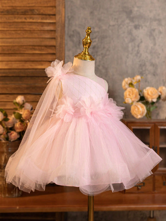 Vestido de Festa de Aniversário de Casamento de Menina de Flor de Bebê, vestido rosa com ombro assimétrico de malha e enfeite de flor 3D, adequado para apresentações no palco, festas, praias de verão, férias tropicais e lazer na costa.