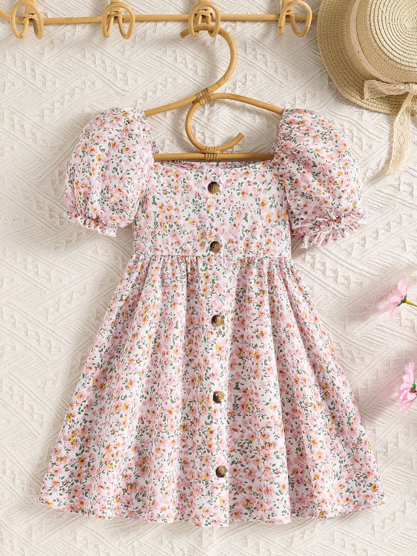 Vestido Casual Integrado com Mangas Bufantes e Decote Quadrado Estampado para Jovens