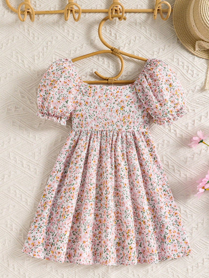 Vestido Casual Integrado com Mangas Bufantes e Decote Quadrado Estampado para Jovens