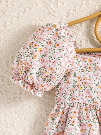 Vestido Casual Integrado com Mangas Bufantes e Decote Quadrado Estampado para Jovens