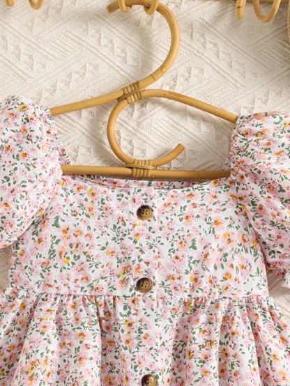 Vestido Casual Integrado com Mangas Bufantes e Decote Quadrado Estampado para Jovens