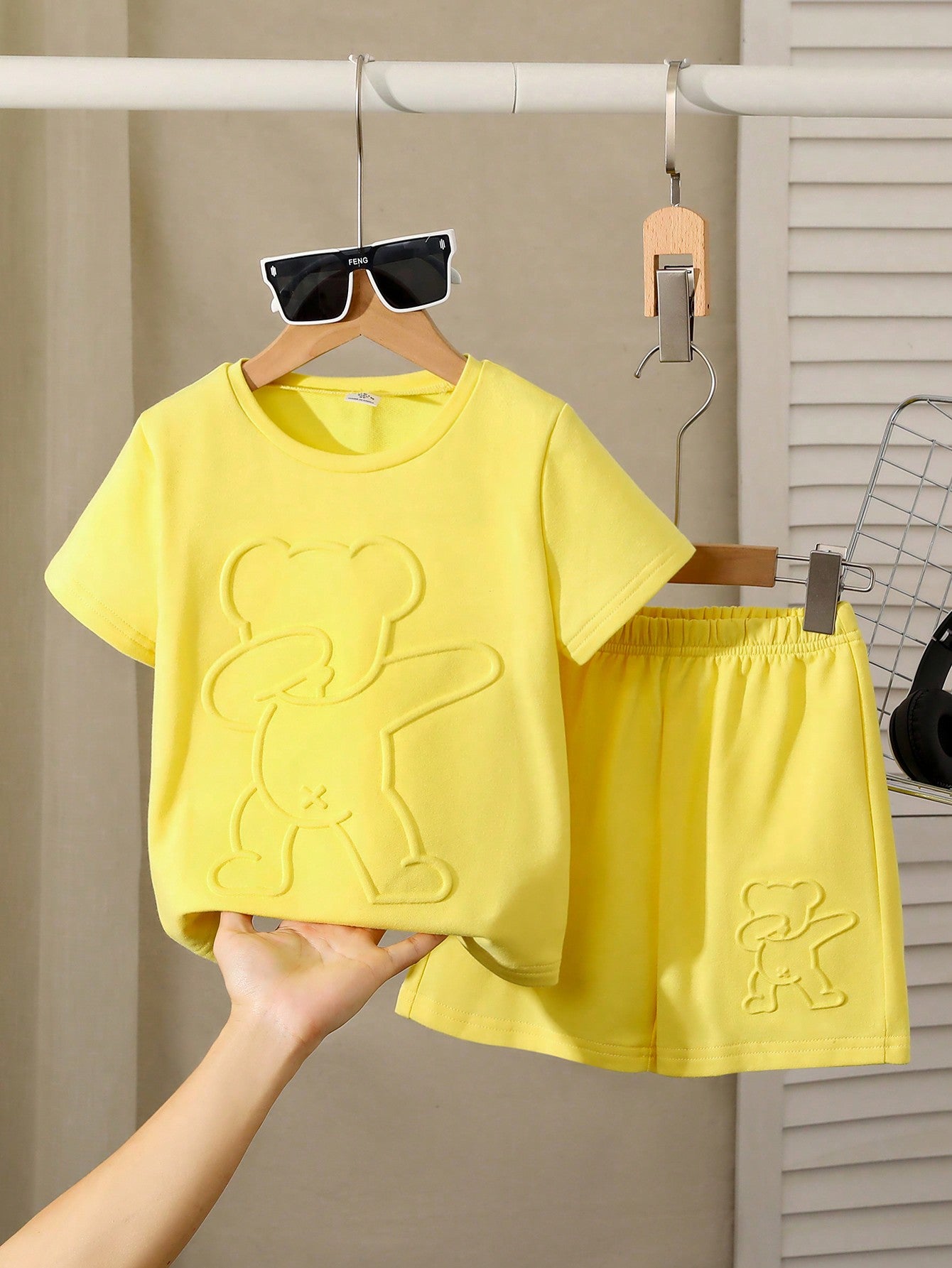 Conjunto Casual De 2 Peças Camiseta E Shorts Com Estampa De Urso Para Menino Jovem, Cor Sólida