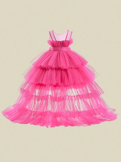 Vestido de Cauda de Tule em Camadas de Cor Sólida para Bebê Menina, Elegante Roupa Formal Adequada para Festas e Banquetes, Bainha Removível