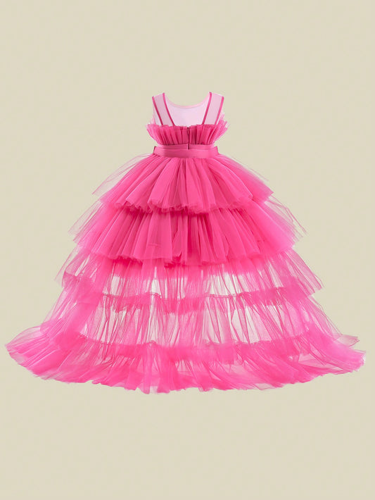 Vestido de Cauda de Tule em Camadas de Cor Sólida para Bebê Menina, Elegante Roupa Formal Adequada para Festas e Banquetes, Bainha Removível