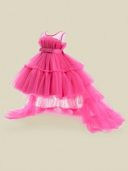 Vestido de Cauda de Tule em Camadas de Cor Sólida para Bebê Menina, Elegante Roupa Formal Adequada para Festas e Banquetes, Bainha Removível