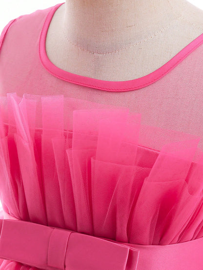 Vestido de Cauda de Tule em Camadas de Cor Sólida para Bebê Menina, Elegante Roupa Formal Adequada para Festas e Banquetes, Bainha Removível