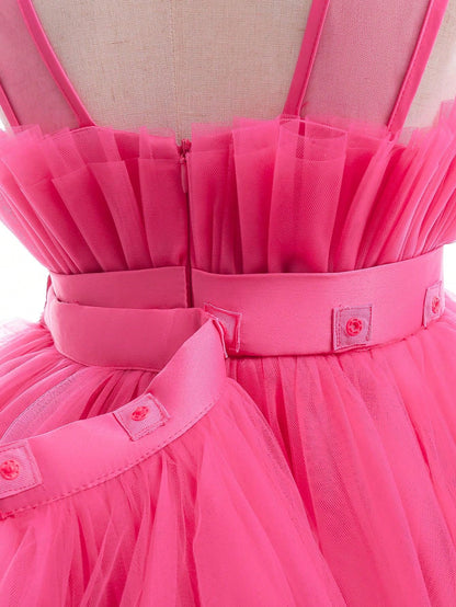 Vestido de Cauda de Tule em Camadas de Cor Sólida para Bebê Menina, Elegante Roupa Formal Adequada para Festas e Banquetes, Bainha Removível