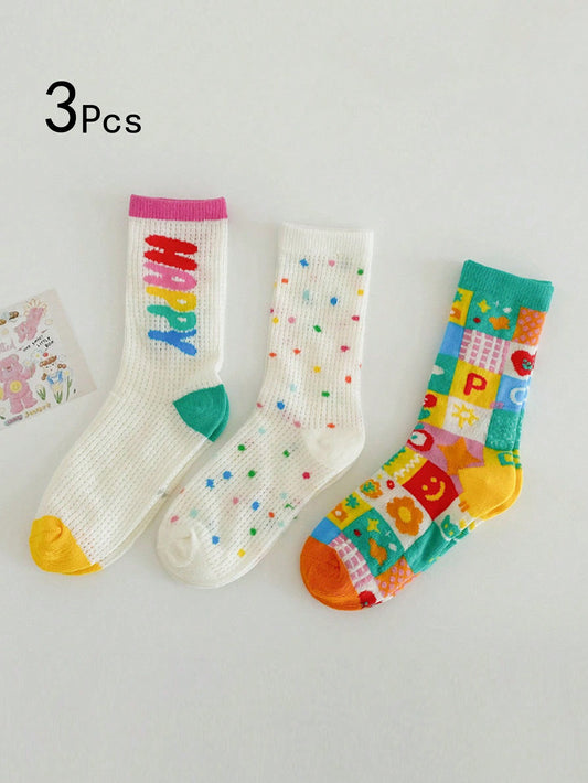 3 Pares de meias finas de cano médio para Meninas com padrão de carta e bolinha, combinação fashion