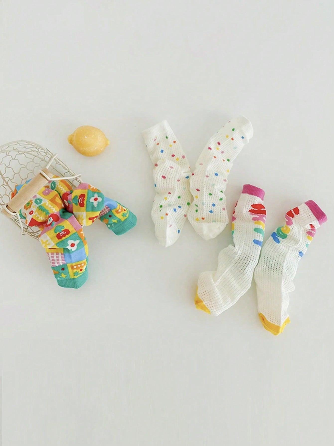 3 Pares de meias finas de cano médio para Meninas com padrão de carta e bolinha, combinação fashion