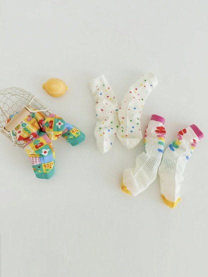 3 Pares de meias finas de cano médio para Meninas com padrão de carta e bolinha, combinação fashion