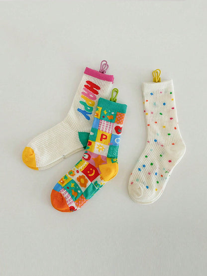 3 Pares de meias finas de cano médio para Meninas com padrão de carta e bolinha, combinação fashion