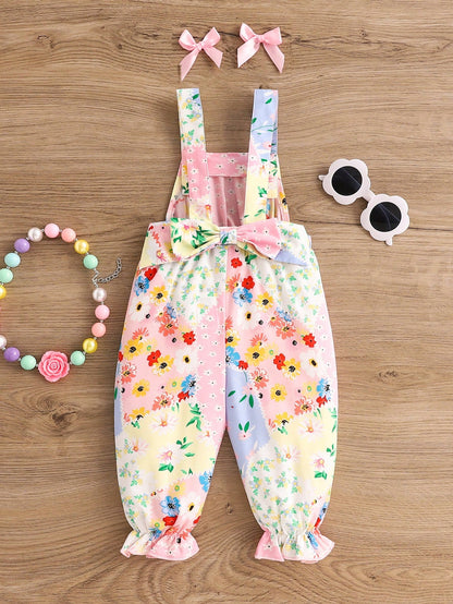 Macacão fofo de remendo floral para bebê menina com laço removível e calças compridas para o verão