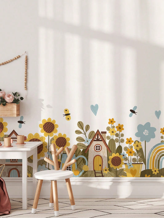 1 Rolo Adesivos de Parede Impermeáveis Conto de Fadas do Sol de Girassol Decorativos para Quarto Infantil, Autoadesivos e Removíveis, Adequado Para Decoração de Paredes de Quartos de Meninos, Meninas e Jardim de Infância.