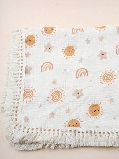 1 peça Cobertor com Franja Impresso com Arco-Íris e Sol de 80x100cm para Bebê, Pode Ser Usado Como Cueiro, Capa de Carrinho, Toalha de Banho de Verão