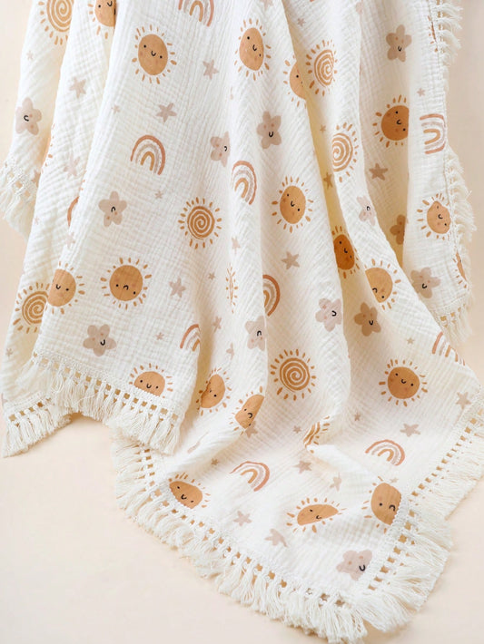 1 peça Cobertor com Franja Impresso com Arco-Íris e Sol de 80x100cm para Bebê, Pode Ser Usado Como Cueiro, Capa de Carrinho, Toalha de Banho de Verão