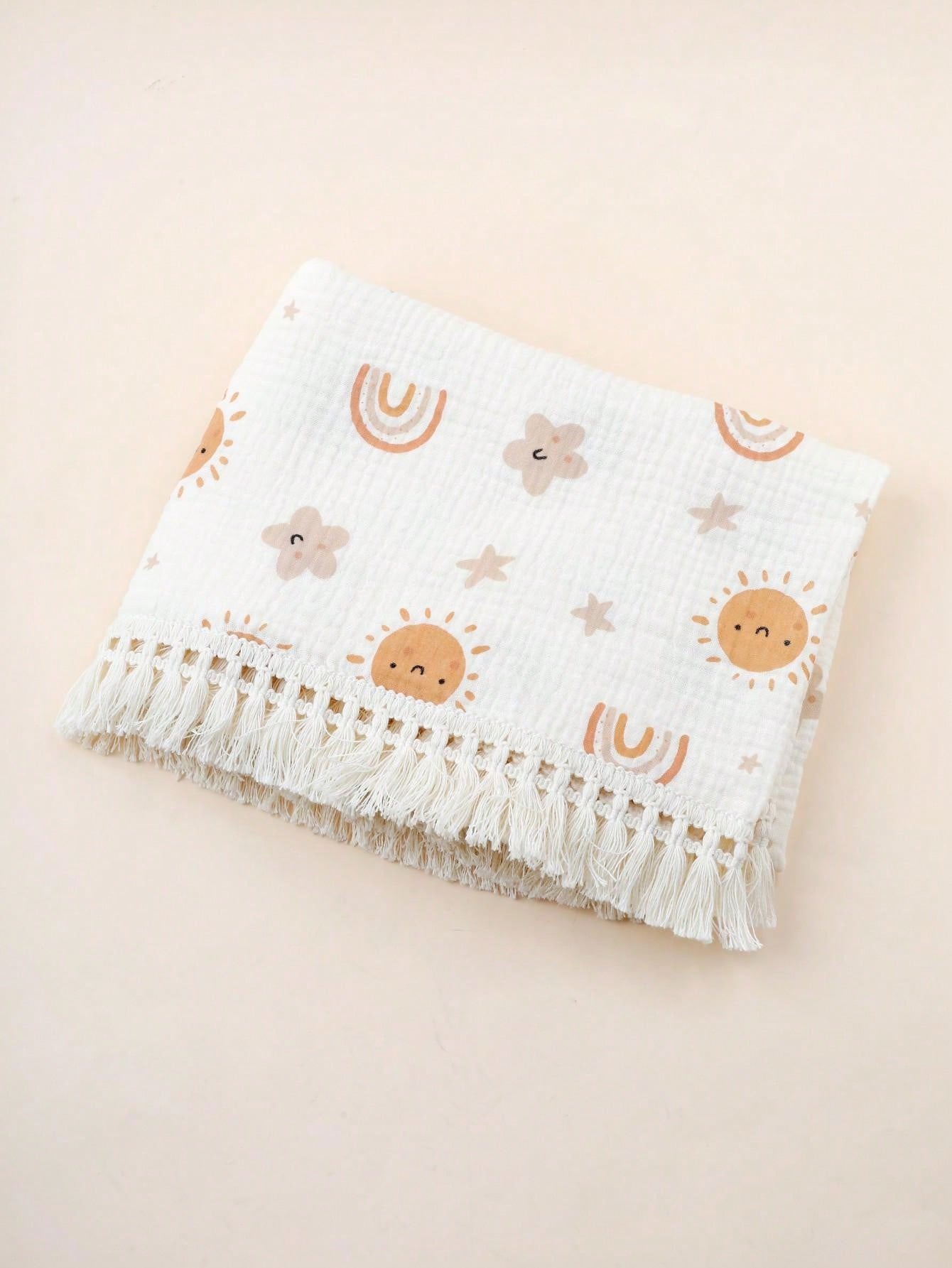 1 peça Cobertor com Franja Impresso com Arco-Íris e Sol de 80x100cm para Bebê, Pode Ser Usado Como Cueiro, Capa de Carrinho, Toalha de Banho de Verão