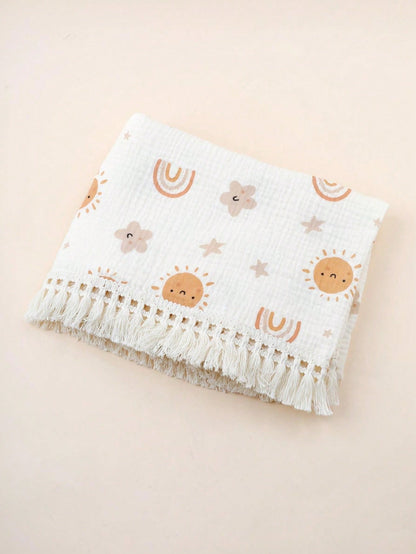 1 peça Cobertor com Franja Impresso com Arco-Íris e Sol de 80x100cm para Bebê, Pode Ser Usado Como Cueiro, Capa de Carrinho, Toalha de Banho de Verão
