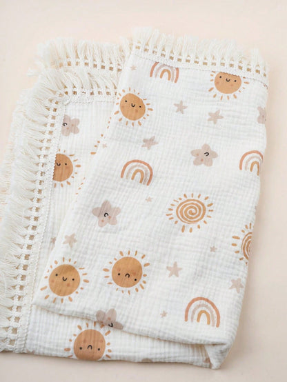 1 peça Cobertor com Franja Impresso com Arco-Íris e Sol de 80x100cm para Bebê, Pode Ser Usado Como Cueiro, Capa de Carrinho, Toalha de Banho de Verão