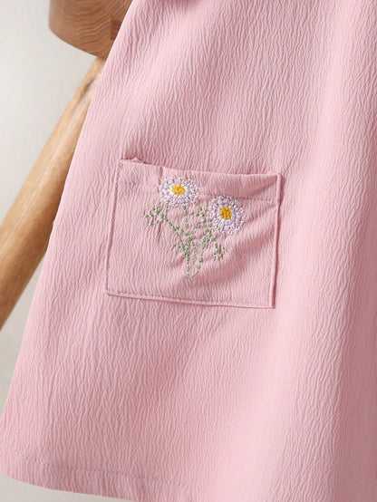 Vestido para bebê menina em Estilo Campestre com bordado de Girassol, Gola de Renda Damasco, Fita de pescoço laranja e mangas bufantes curtas elásticas azul - Apresentando bordado de bolso de Girassol, perfeito para Primavera/Verão