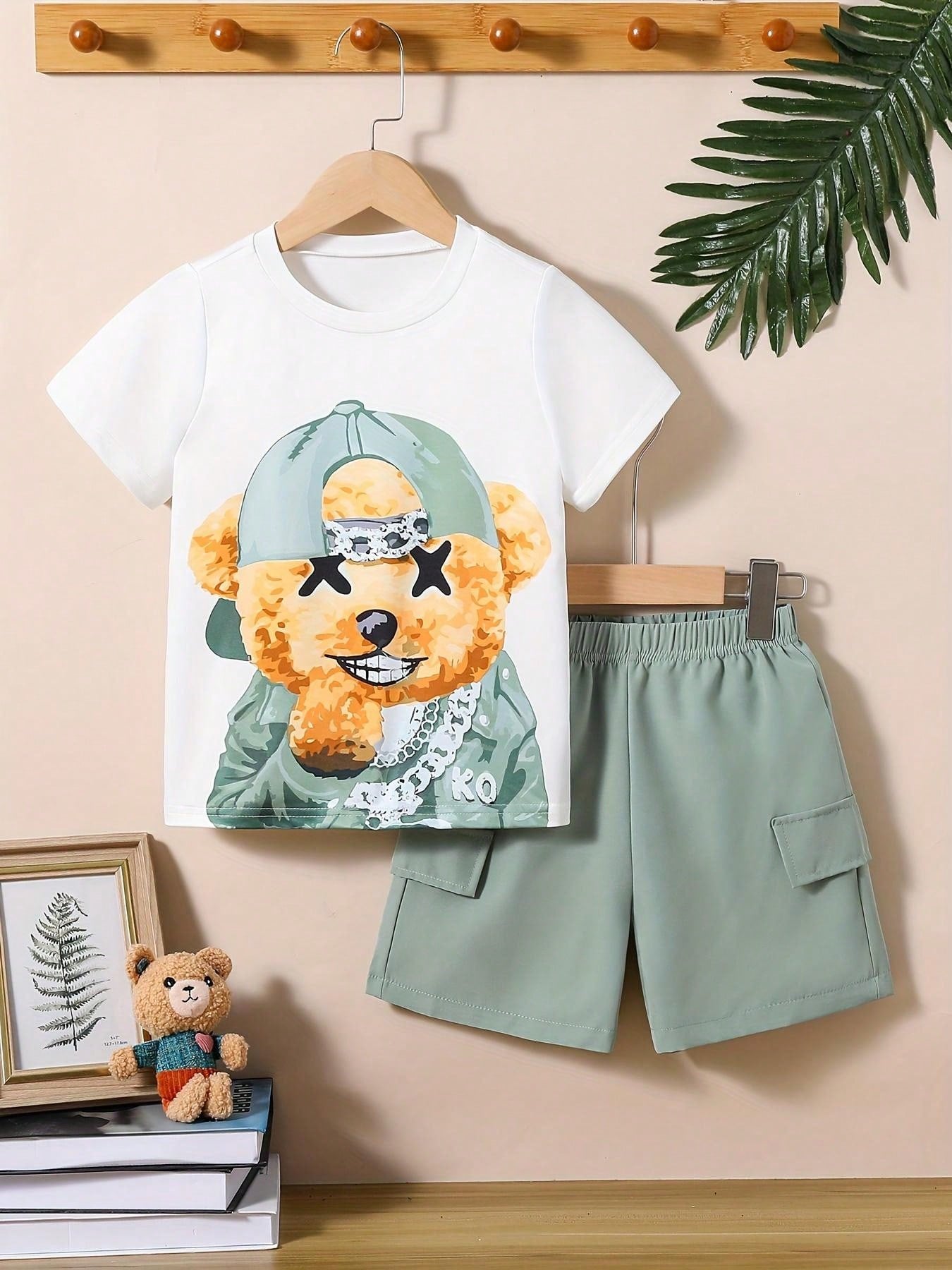 Conjunto de Camiseta de Manga Curta e Shorts Estampados com Ursinho Jovem, Looks Casuais de Verão, 2 peças/Conjunto