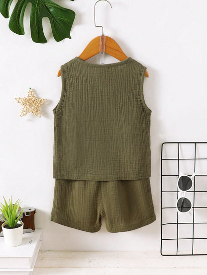 Conjunto de Verão de Moda sem Mangas para Meninos, Conjunto Casual de Regata Reversível Verde Militar