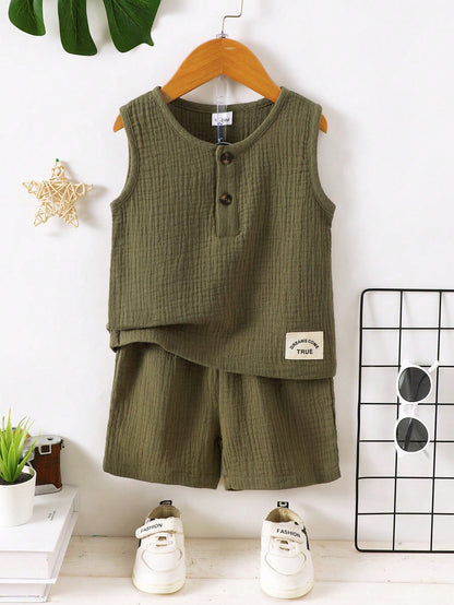 Conjunto de Verão de Moda sem Mangas para Meninos, Conjunto Casual de Regata Reversível Verde Militar