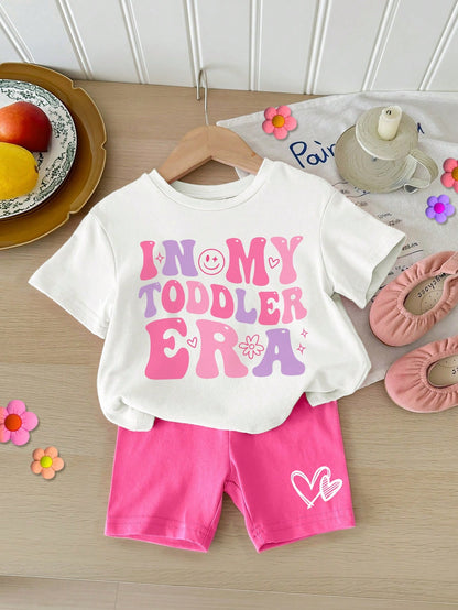 Conjunto Casual de Shorts de Manga Curta com Estampa de Letra Minimalista para Bebê Menina, Mistura de Algodão de Verão