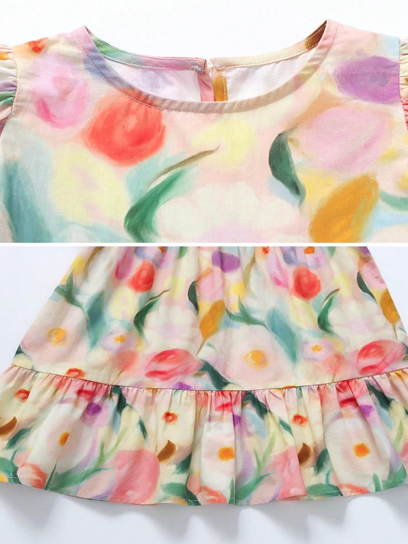 Vestido fofo com mangas bufantes e estampa floral de menina jovem para férias de verão com bainha de babados