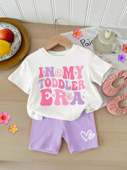 Conjunto Casual de Shorts de Manga Curta com Estampa de Letra Minimalista para Bebê Menina, Mistura de Algodão de Verão