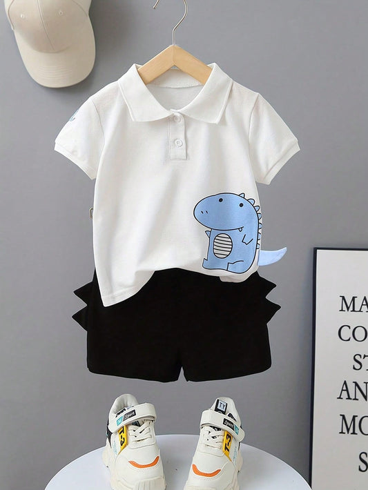 Conjunto de 2 peças de roupas casuais com Top polo de manga curta com estampa de dinossauro e calça curta sólida para meninos, na moda.