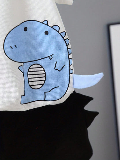 Conjunto de 2 peças de roupas casuais com Top polo de manga curta com estampa de dinossauro e calça curta sólida para meninos, na moda.