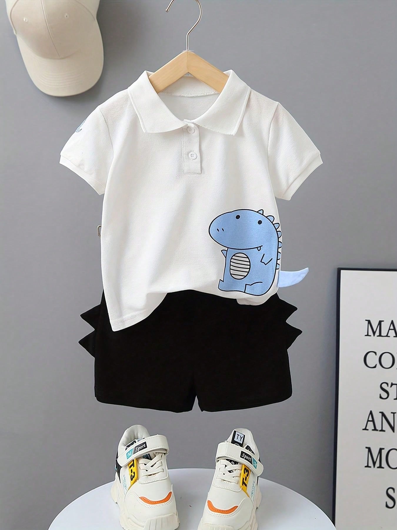Conjunto de 2 peças de roupas casuais com Top polo de manga curta com estampa de dinossauro e calça curta sólida para meninos, na moda.