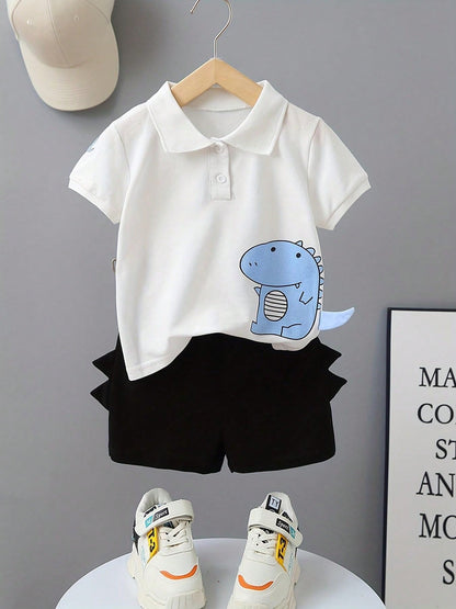 Conjunto de 2 peças de roupas casuais com Top polo de manga curta com estampa de dinossauro e calça curta sólida para meninos, na moda.