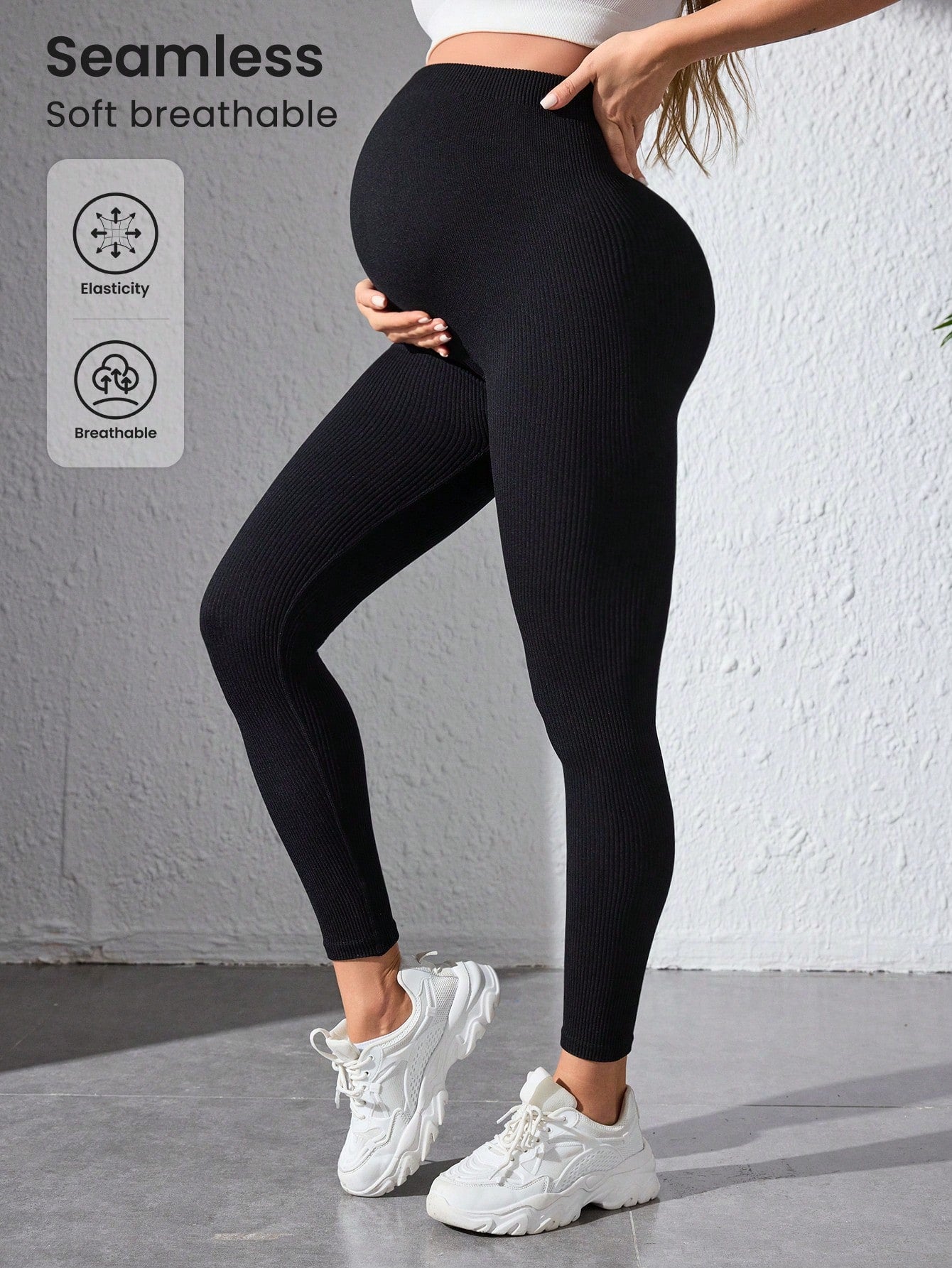 Leggings esportivas de maternidade sem costura, cor preta