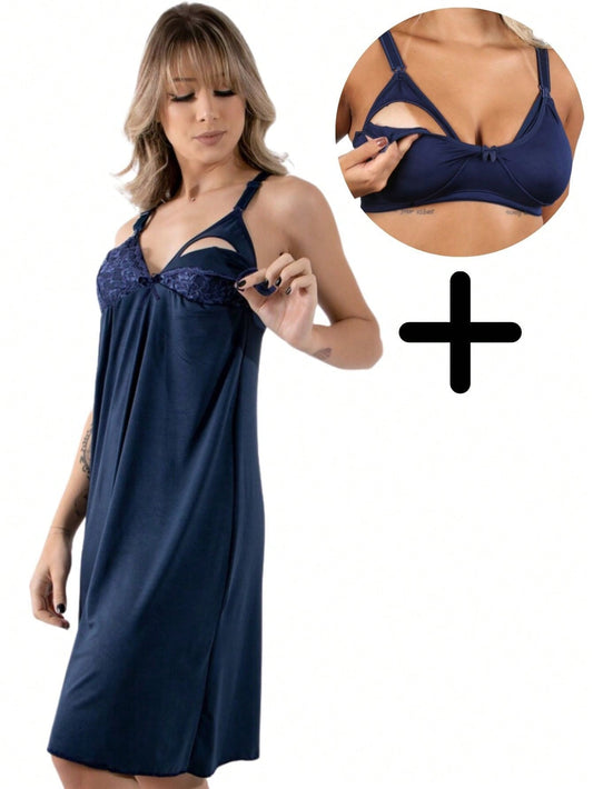 Conjunto Camisola   Sutiã Amamentação Abre Fácil Gestante Grávida Pijama Conforto Pós Parto Maternidade Microfibra