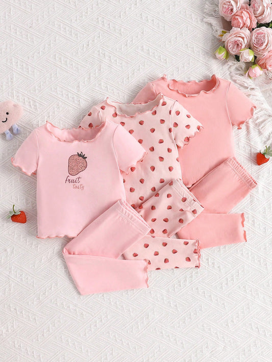 Conjunto de pijama de tricô confortável e pele amigável para bebê menina com estampa de morango e gola com borda de vieira, 6 peças com mangas curtas e calças compridas