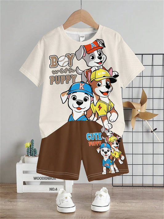 Conjunto de camiseta de manga curta e shorts casuais com padrão de animal cartonado para meninos jovens, verão