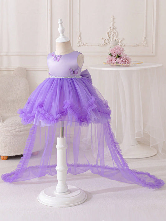 Vestido de festa de aniversário elegante para menina, vestido de dama de honra com grande cauda, borboleta 3D e volumoso