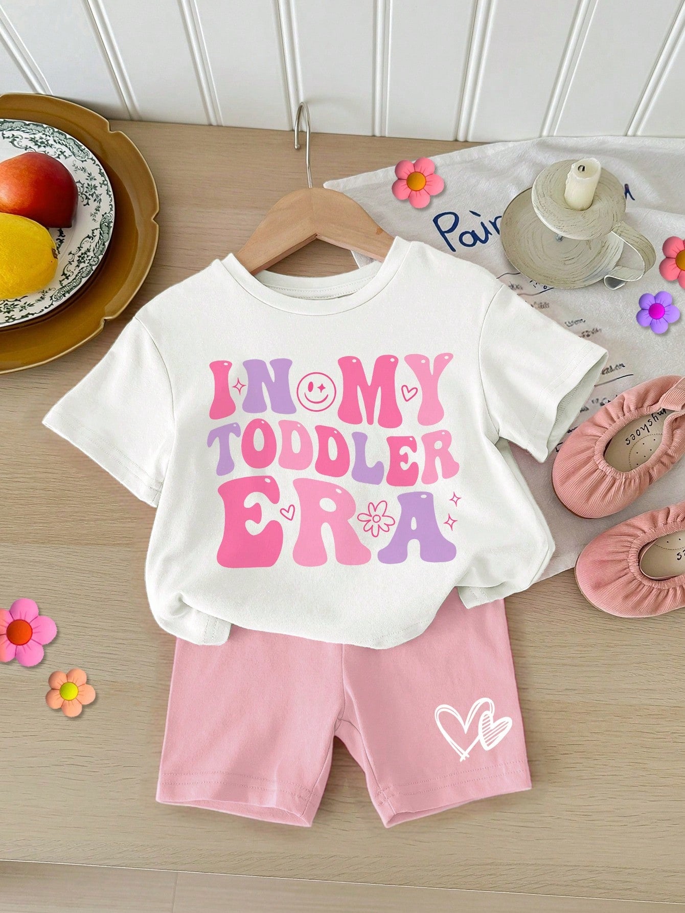 Conjunto Casual de Shorts de Manga Curta com Estampa de Letra Minimalista para Bebê Menina, Mistura de Algodão de Verão