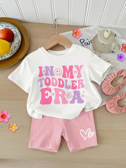Conjunto Casual de Shorts de Manga Curta com Estampa de Letra Minimalista para Bebê Menina, Mistura de Algodão de Verão