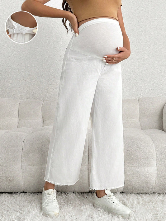 Calça Denim branca larga para maternidade, roupa casual com cós branco, roupa de gravidez