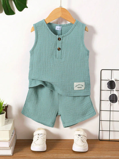 Conjunto de Verão de Moda sem Mangas para Meninos, Conjunto Casual de Regata Reversível Verde Militar