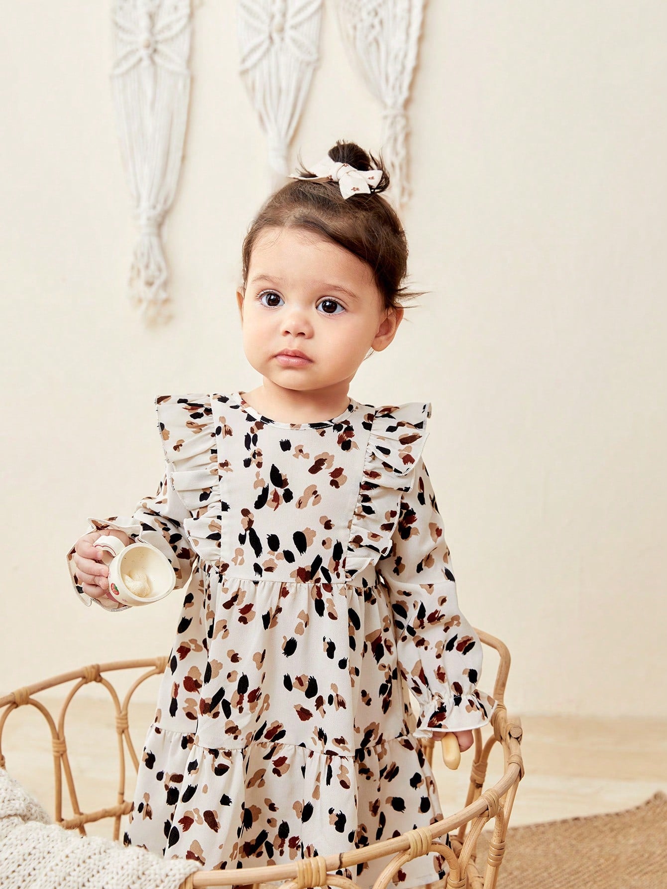 Vestido Longo com Manga Sino e Babado com Estampa de Bolinhas para Meninas Bebê, Elegante e Fofo, Ótimo para Uso Casual, Diário e Escolar no Outono e Inverno, para o Natal, Roupas de Inverno para Meninas