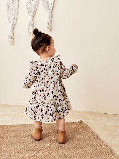 Vestido Longo com Manga Sino e Babado com Estampa de Bolinhas para Meninas Bebê, Elegante e Fofo, Ótimo para Uso Casual, Diário e Escolar no Outono e Inverno, para o Natal, Roupas de Inverno para Meninas