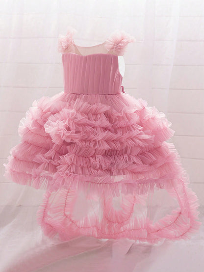 Vestido de festa de aniversário plissado de Tule em cor sólida, com trem para bebê menina, adequado para daminhas de honra, casamento, banquete e viagens