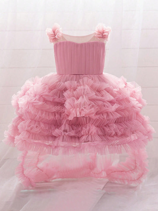 Vestido de festa de aniversário plissado de Tule em cor sólida, com trem para bebê menina, adequado para daminhas de honra, casamento, banquete e viagens