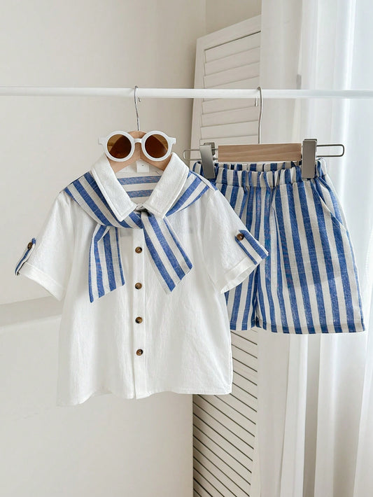 Conjunto Casual De Camisa De Manga Curta Listrada E Shorts 2-em-1 Com Capa E Patchwork Para Garotos Jovens, Estilo Universitário