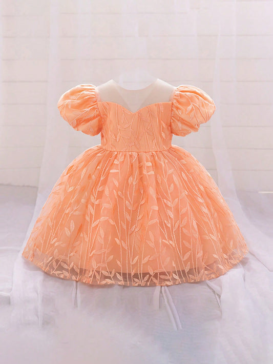 1 peça Vestido de festa de aniversário de 1 ano fofo com estampa de folha e manga bufante para meninas, adequado para dama de honra, casamento e uso externo