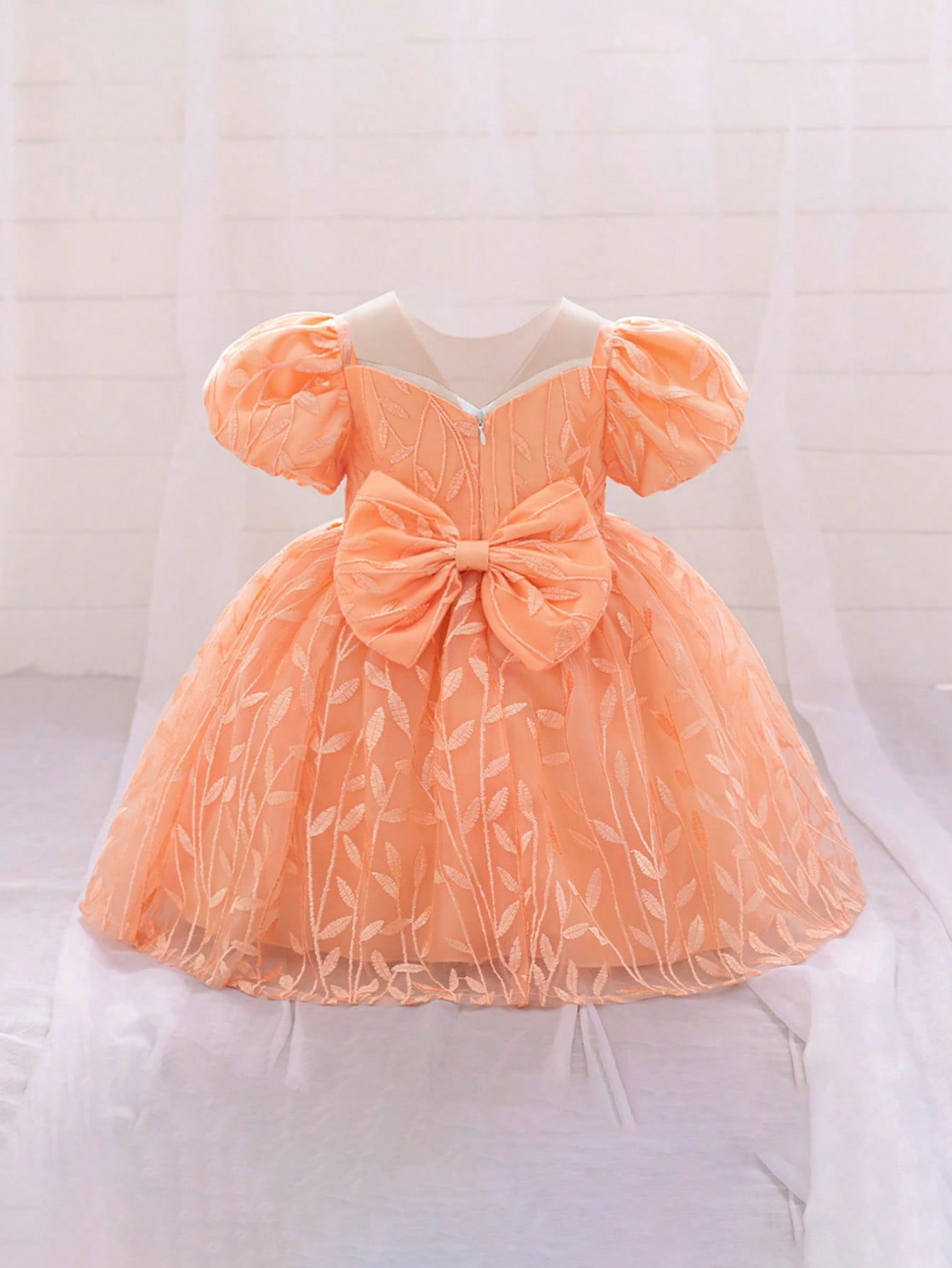 1 peça Vestido de festa de aniversário de 1 ano fofo com estampa de folha e manga bufante para meninas, adequado para dama de honra, casamento e uso externo