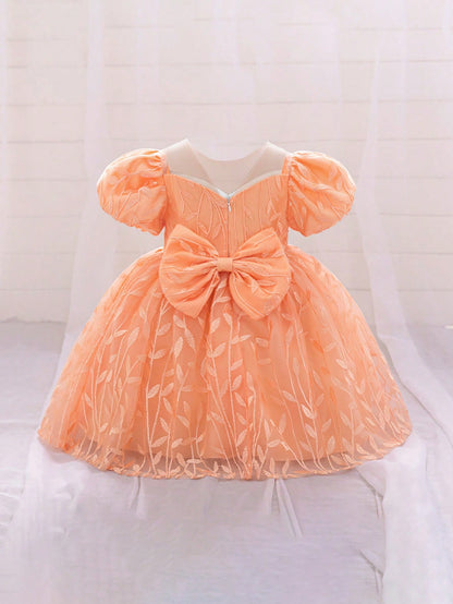 1 peça Vestido de festa de aniversário de 1 ano fofo com estampa de folha e manga bufante para meninas, adequado para dama de honra, casamento e uso externo
